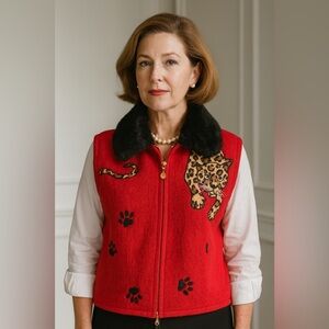 Vintage Lisa International Boiled Wool Sz L Vest Removable Faux Fur Collar